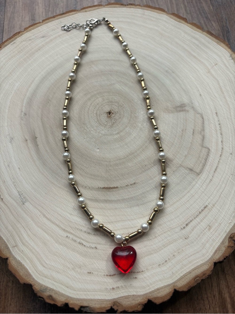 Artisan Made Faux Pearl & Gold Bead Necklace With Ruby Red Glass Heart Pendant